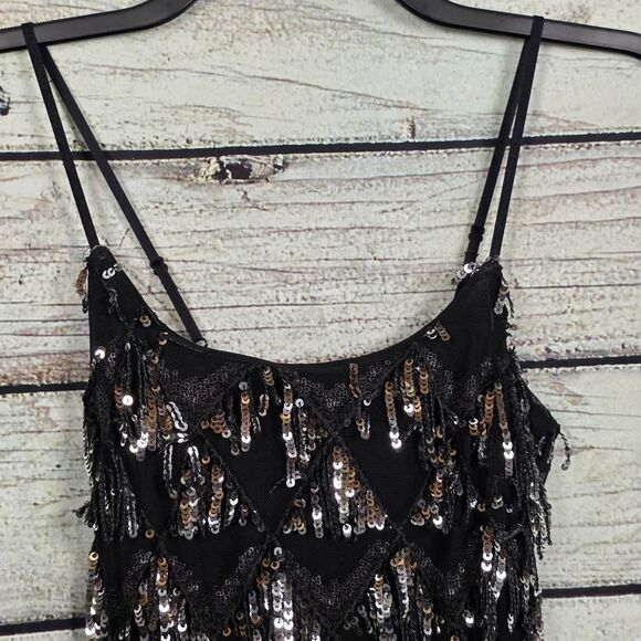 Crystal Doll Womens Sequin Fringe Mini Dress Black S - Picture 4 of 7